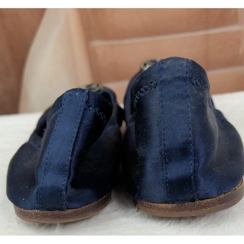 Tory Burch Navy Satin Ballet Flats Slip-On Crystal Logo Accent